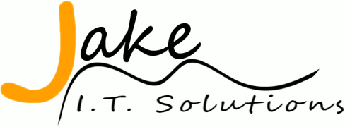 It Jake IT Solutions logo: Jake yn in skreaun lettertype mei in grutte oranje j en der &ucirc;nder in golvjende pennestreek en de tekst I.T. Solutions